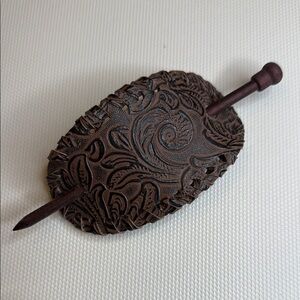 Brown Leather Hair Barrette with Stick